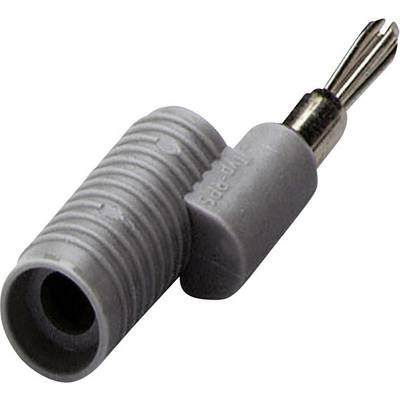 'Grey cable end sleeve with ribbed surface and metal clips'