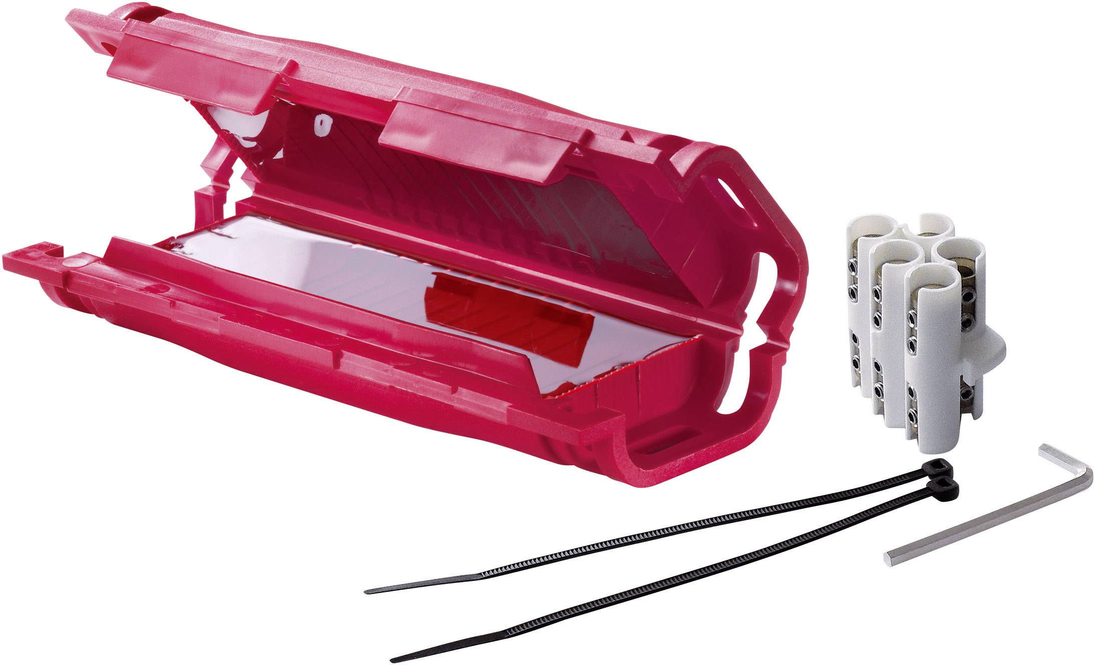 Red safety protection box, open, with reflective surface, cable ties and spanner beside it on white background.
