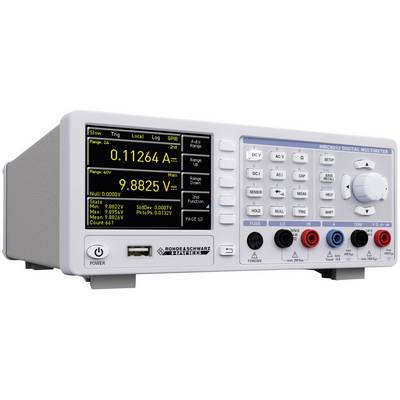 Digital multimeter with display: shows measurement values in amperes and volts. Numerous buttons for various functions and settings.