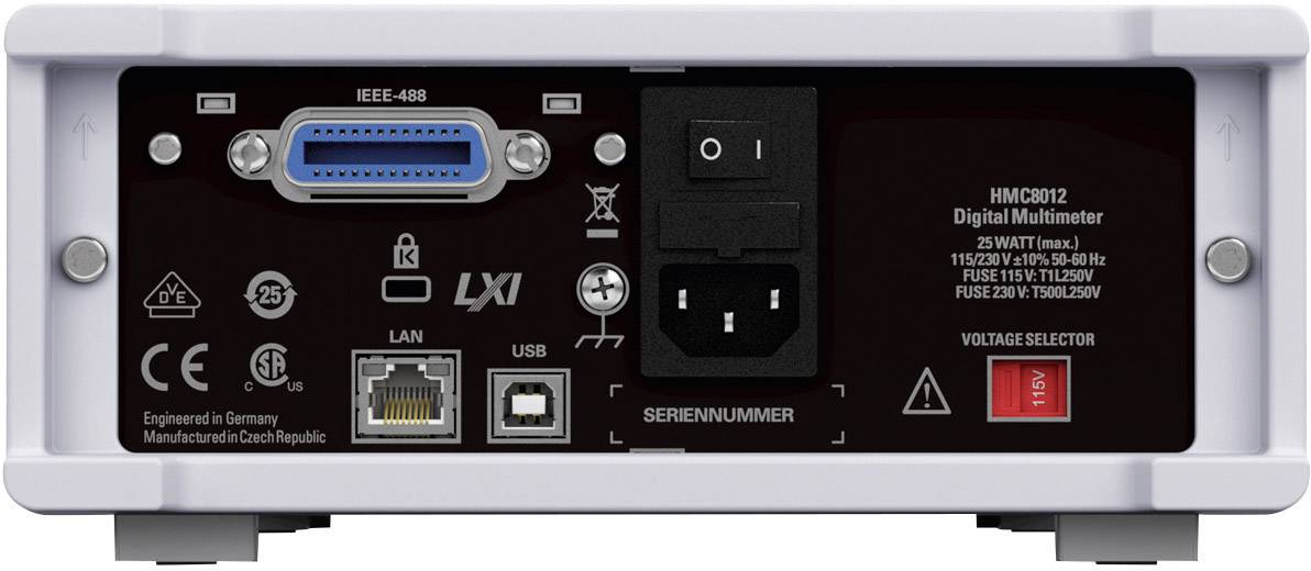 Back of a digital multimeter with connection ports, power switch, voltage selection, LAN, USB and manufacturer information.