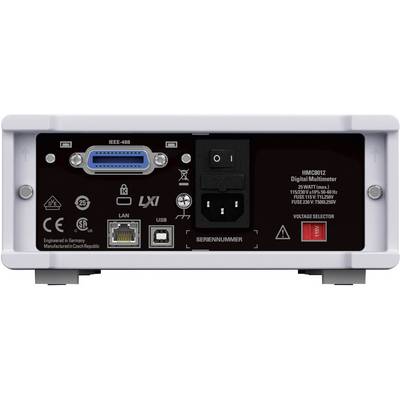 Back of a digital multimeter with connection ports, power switch, voltage selection, LAN, USB and manufacturer information.