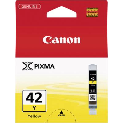 Canon PIXMA Yellow Ink Cartridge 42 Y, showing packaging image with red and yellow design. Text: 'Genuine', barcode and arrow for opening.