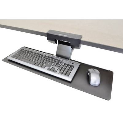 Keyboard and mouse on a black, pull-out laptop or computer tray, mounted underneath a desk.