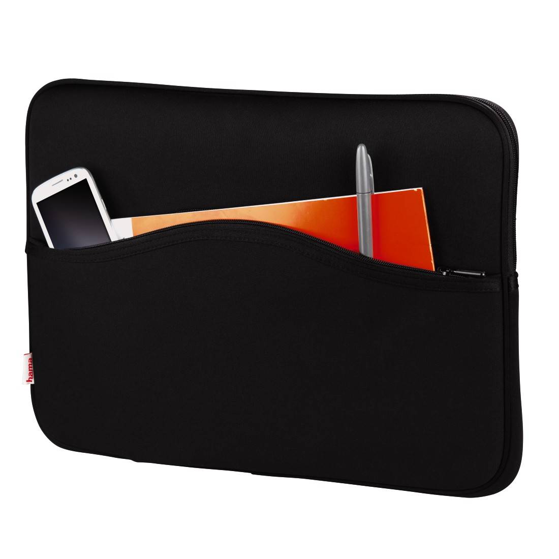 Black laptop bag with a front pocket containing a smartphone, an orange notebook, and a grey pen.