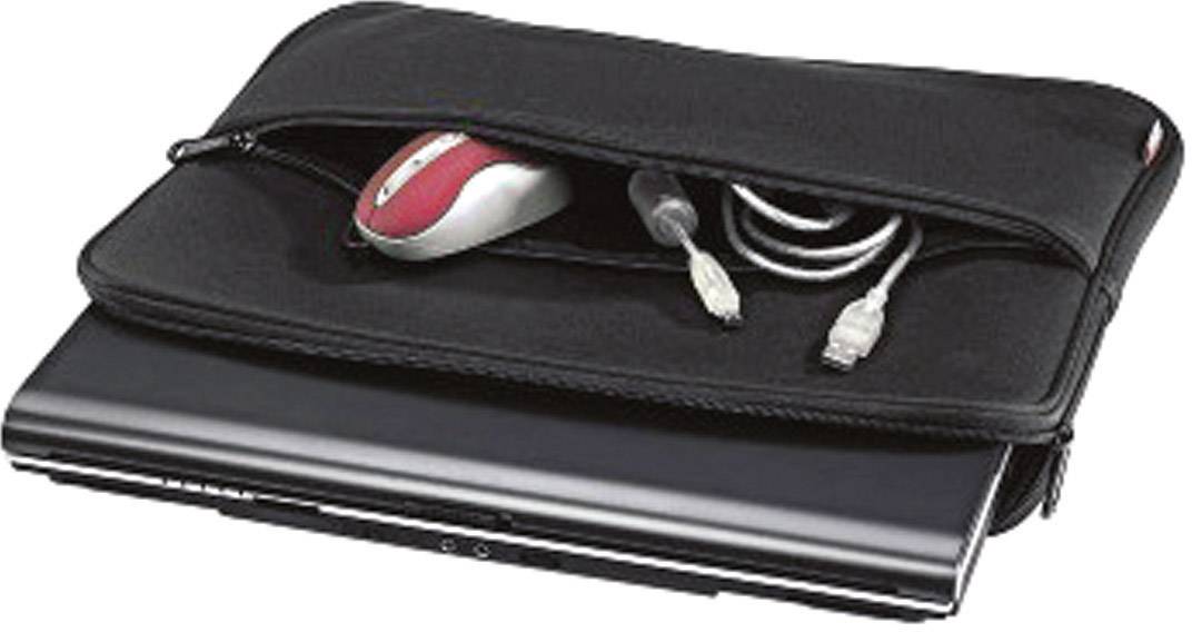 A laptop bag with an open front pocket reveals a computer mouse and cables. The laptop is partially inserted inside.