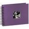 Lila photo album with a black spiral binding, a small square black and white photograph of a flower on the cover.