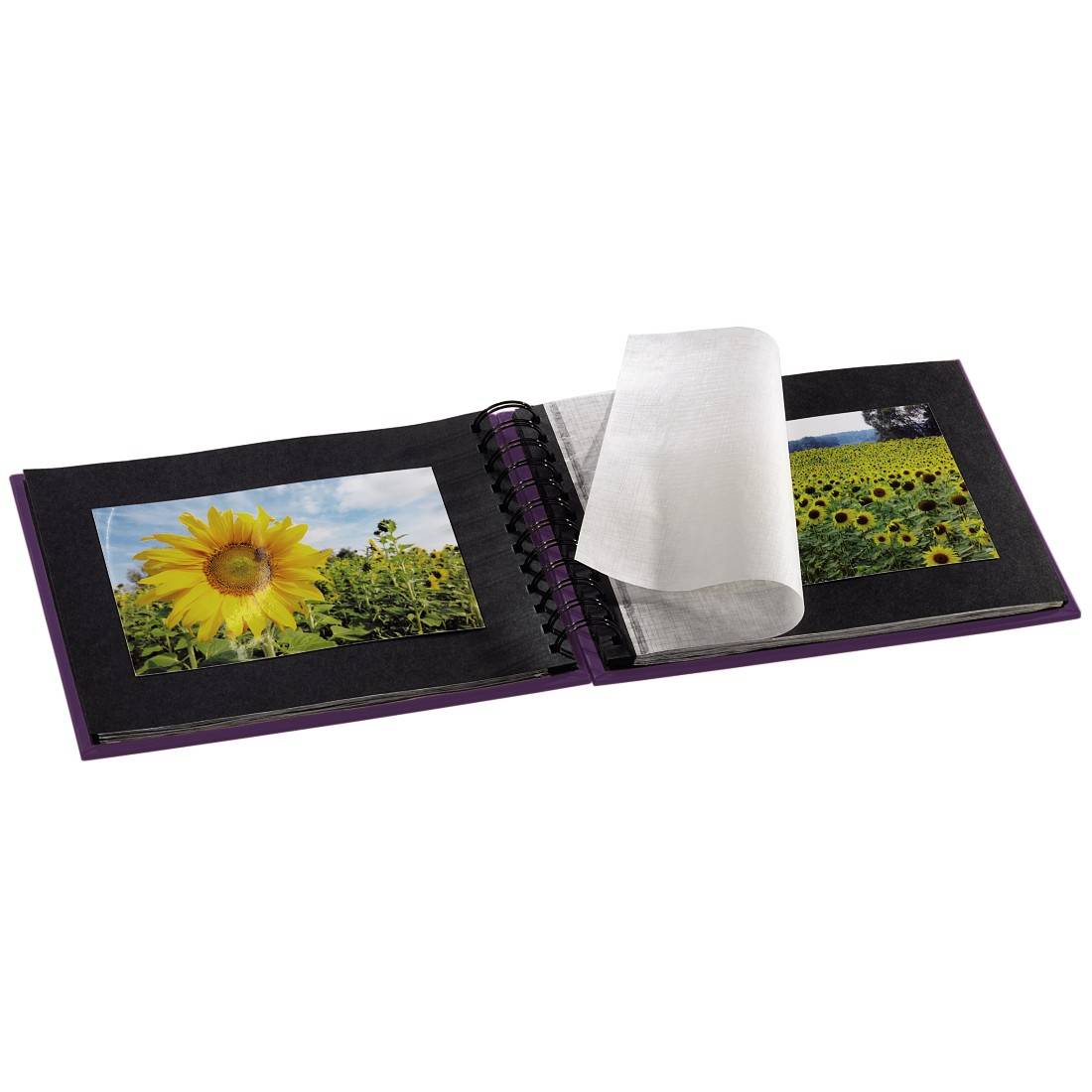 Open photo album with pictures of sunflower fields, partially covered by protective paper.