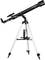 Black telescope on a silver tripod. Optics are precisely aligned. Suitable for stargazing.