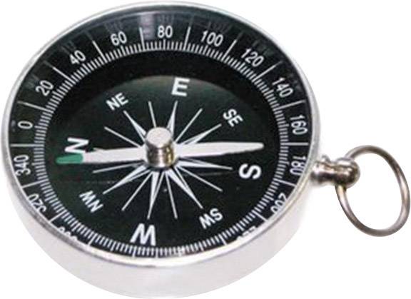 A round compass with a black dial indicates the cardinal directions. The pointer is pointing north, marked with an 'N'.