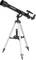 Black telescope on a silver tripod, suitable for astronomical observations, with adjustment mechanism and finder scope.