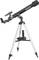 'Telescope on a three-legged stand in black, suitable for astronomical observations. Side and top view.'
