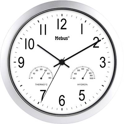 A white wall clock shows 11:10. It has two additional displays: a thermometer and a hygrometer.