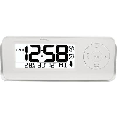 Digital alarm clock with large display showing '12:58 PM'. Additional symbols for weather, alarm times, and setting buttons.