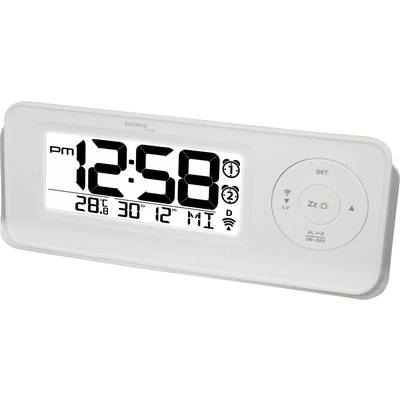 Digital clock with large display showing '12:58 PM'. Ambient data: Temperature 28.6°C, 30% humidity. Control buttons on the right.