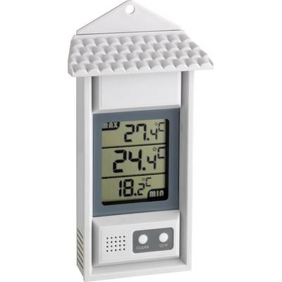 Digital thermometer with three temperature displays: Maximum 27.4°C, current 24.4°C, minimum 18.2°C. Housing with integrated roof-style design.