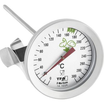 A kitchen thermometer is showing a temperature of approximately 80 °C. It has symbol markings for different types of meat.