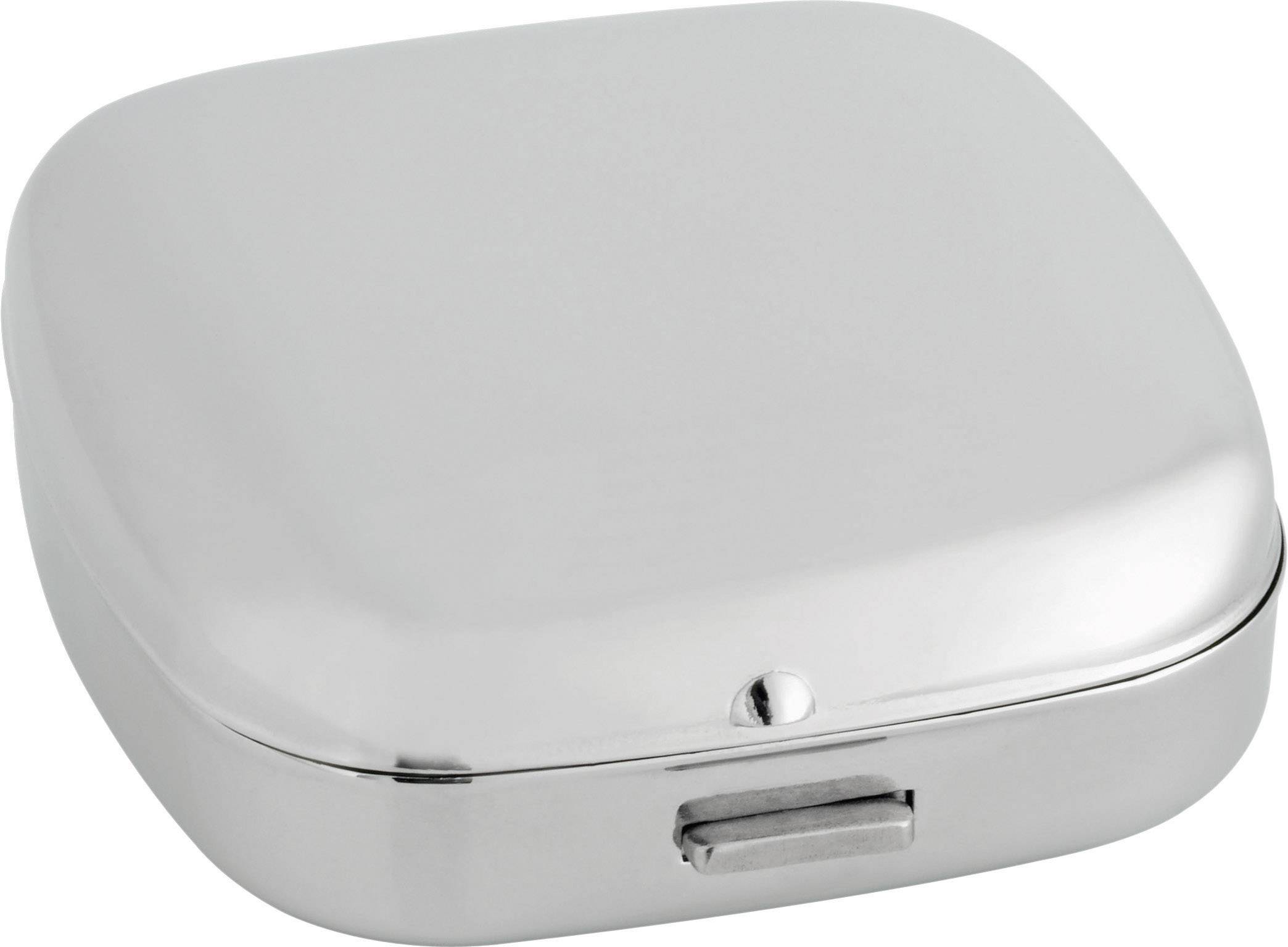 A silver, square metal tin with rounded corners and a small fastener on the front.