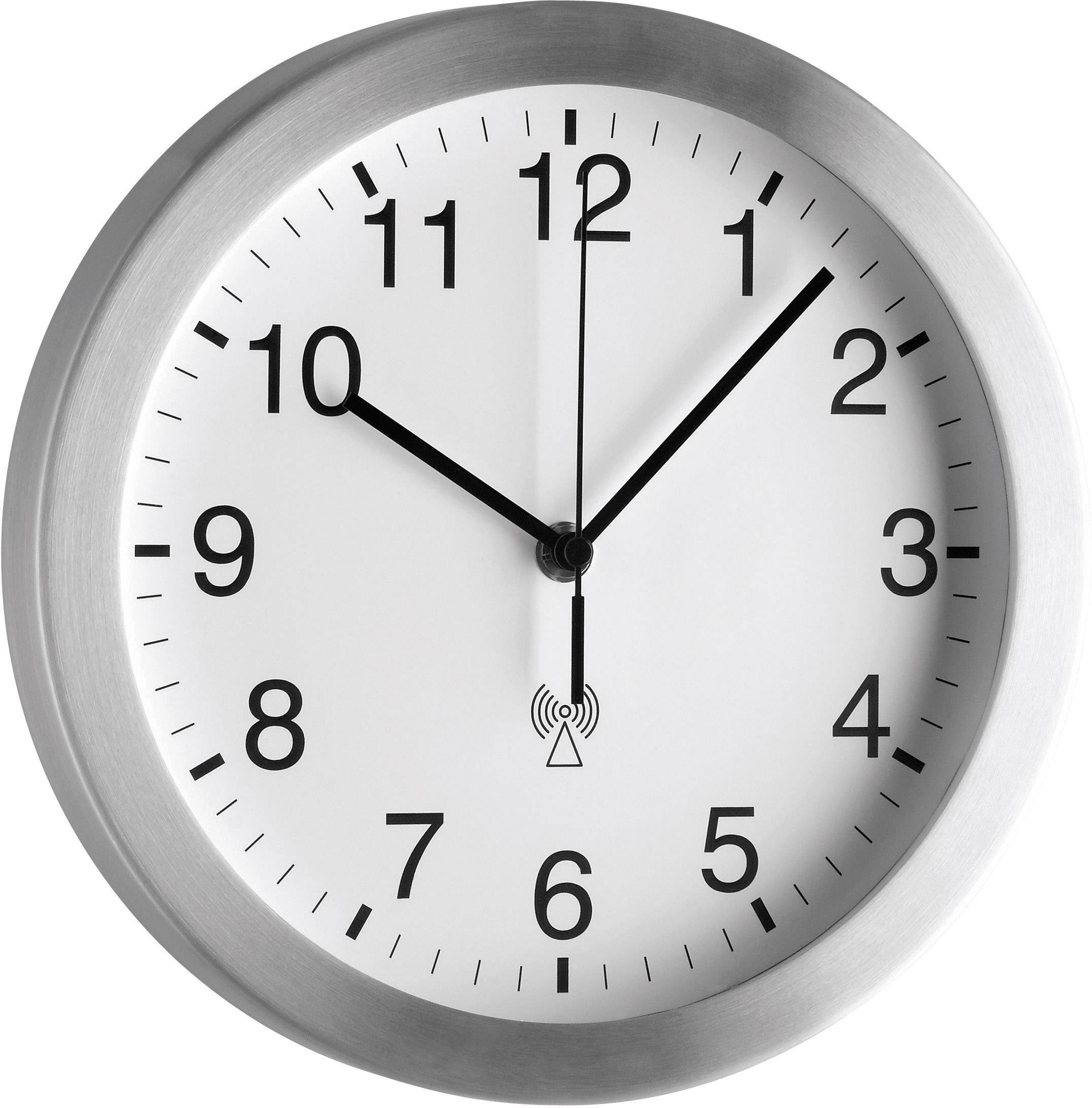 An analogue wall clock with a silver frame shows 10:10.