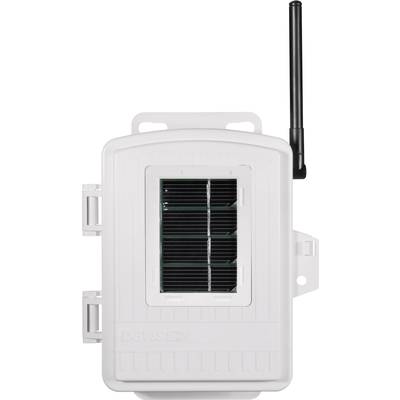 White electronic solar device with antenna, used for communication or sensing, presumably weatherproof for outdoor application.<br><br>The translation maintains the original meaning and technical specificity while using British English phrasing and terminology.