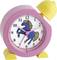 A pink alarm clock with yellow details and a blue horse on the dial.