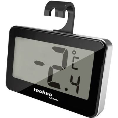A digital thermometer displays '-2.4 °C'. It has a black frame and a hook for mounting.