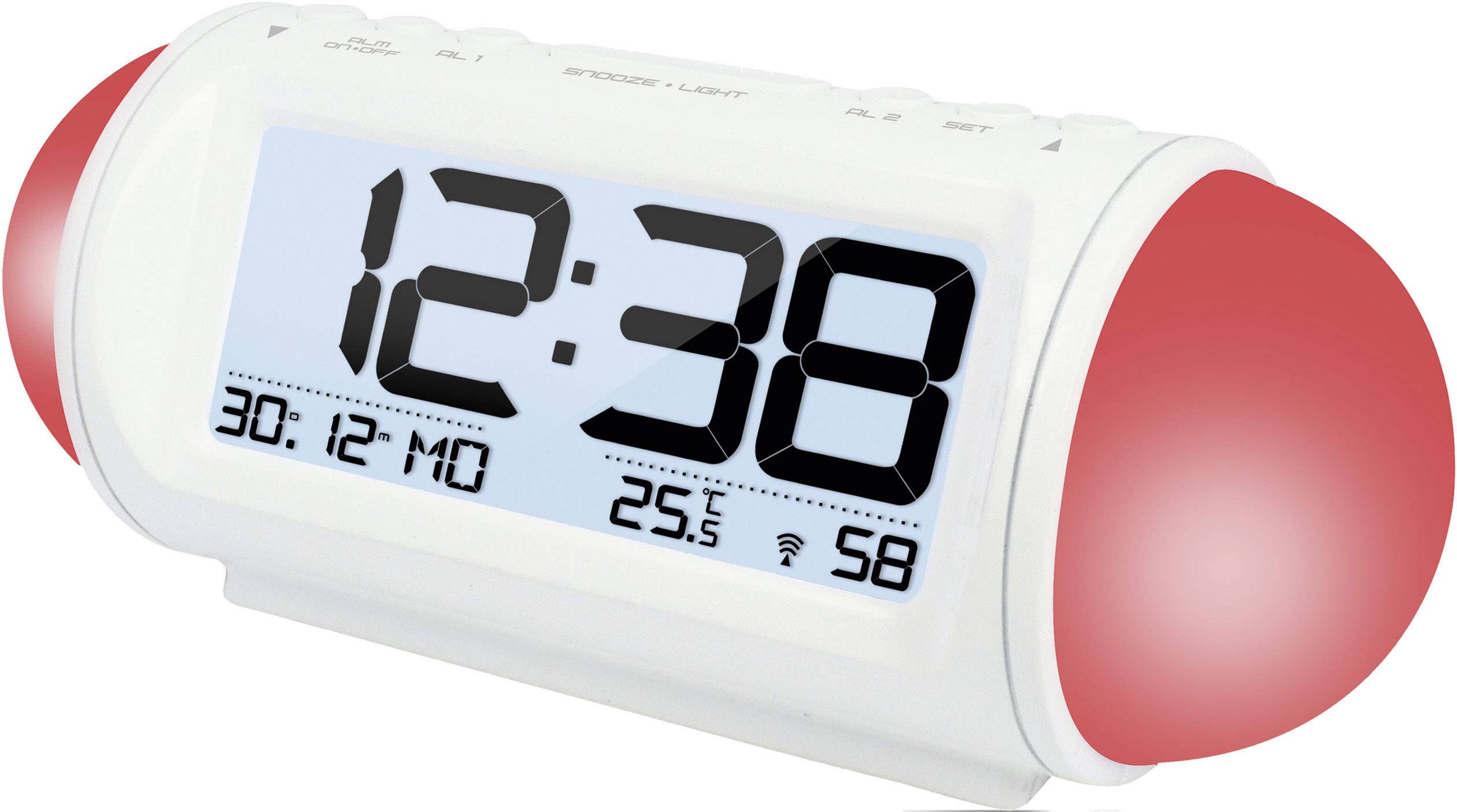 Digital alarm clock with large display showing the time as 12:38, date as 30.12., temperature as 25.5°C and humidity at 58%.