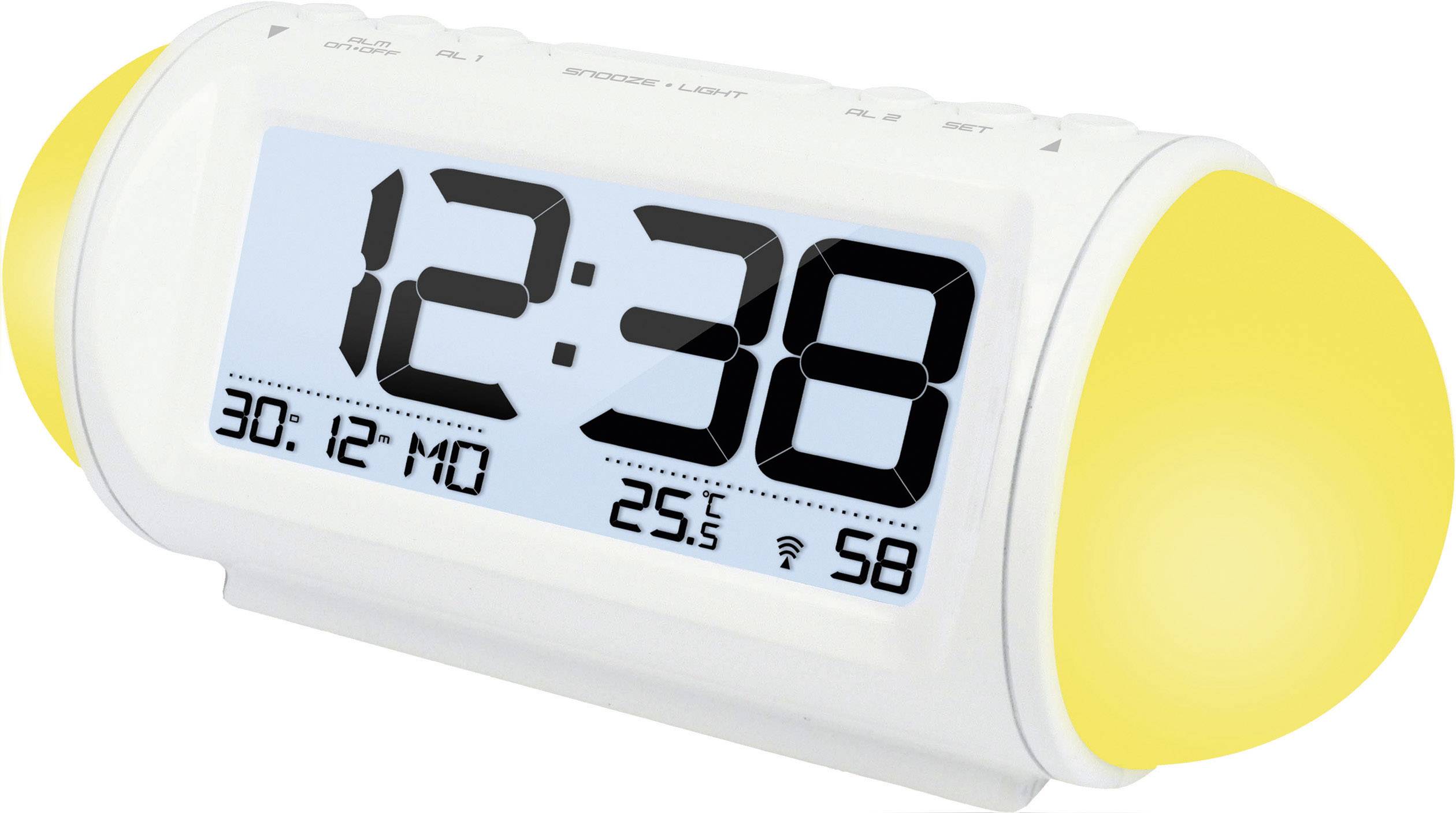 Digital alarm clock showing time 12:38, date 30/12 Mon, indoor temperature 25.5°C and humidity 58%.