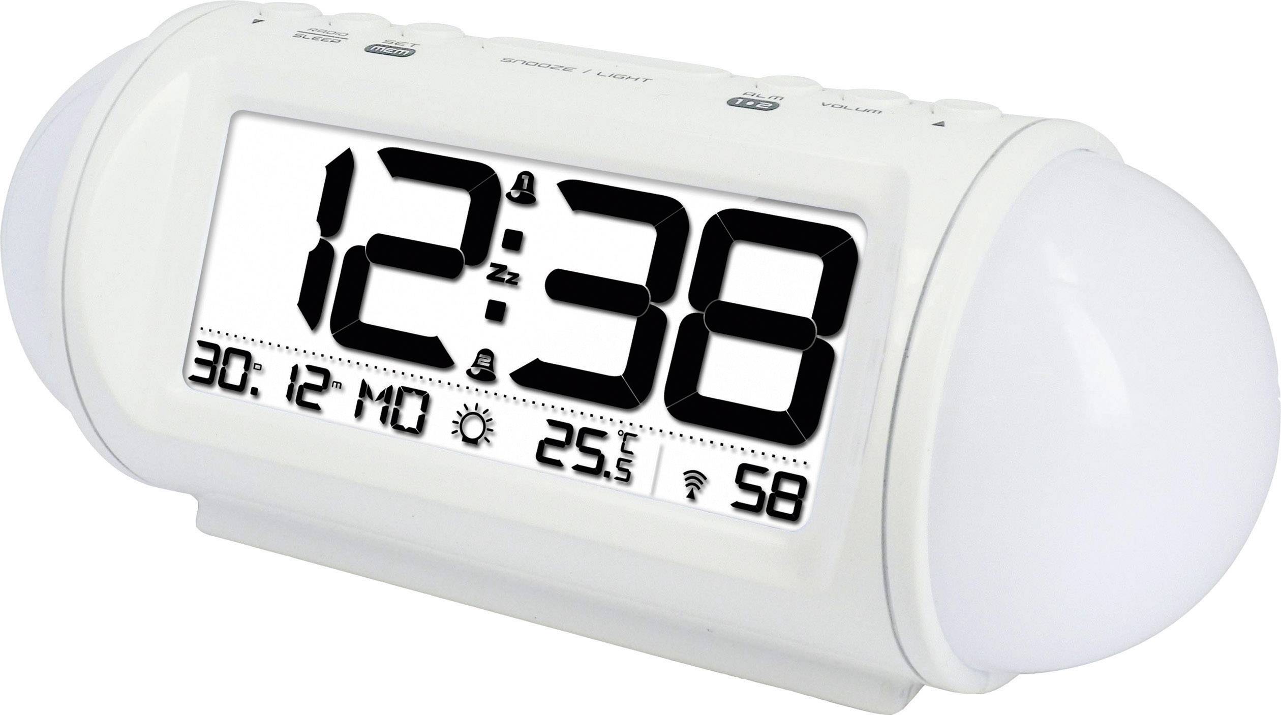 Digital alarm clock showing the time '12:38'. The date, temperature of 25.5°C and humidity of 58% are displayed.