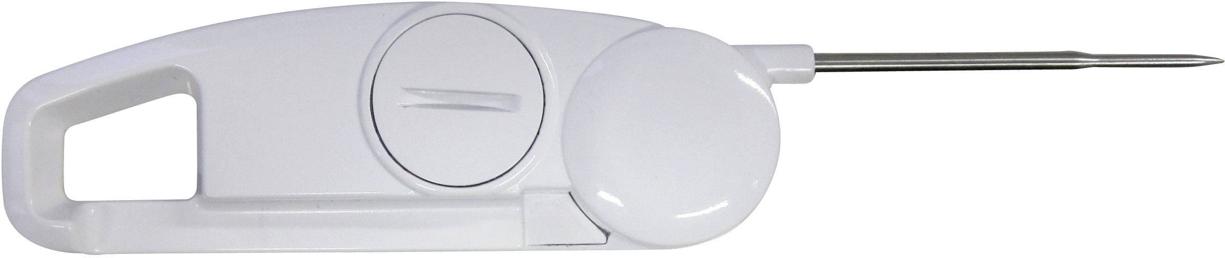 Digital kitchen thermometer with white casing and metal probe, ideal for measuring the core temperature of meat dishes.