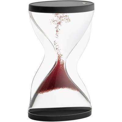 A sand timer with red sand trickling from top to bottom symbolises the flow of time.