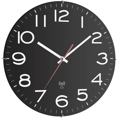 Black wall clock with white numerals and two hands showing 10:09. Red second hand.