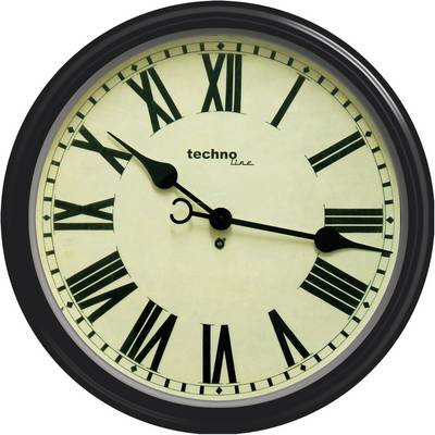 An analogue wall clock with Roman numerals and two black hands shows 10:10.