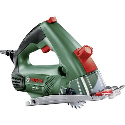 Electric circular hand saw with green and red casing and blue protective guard. Marked as 'Bosch PKS 16 Multi'.