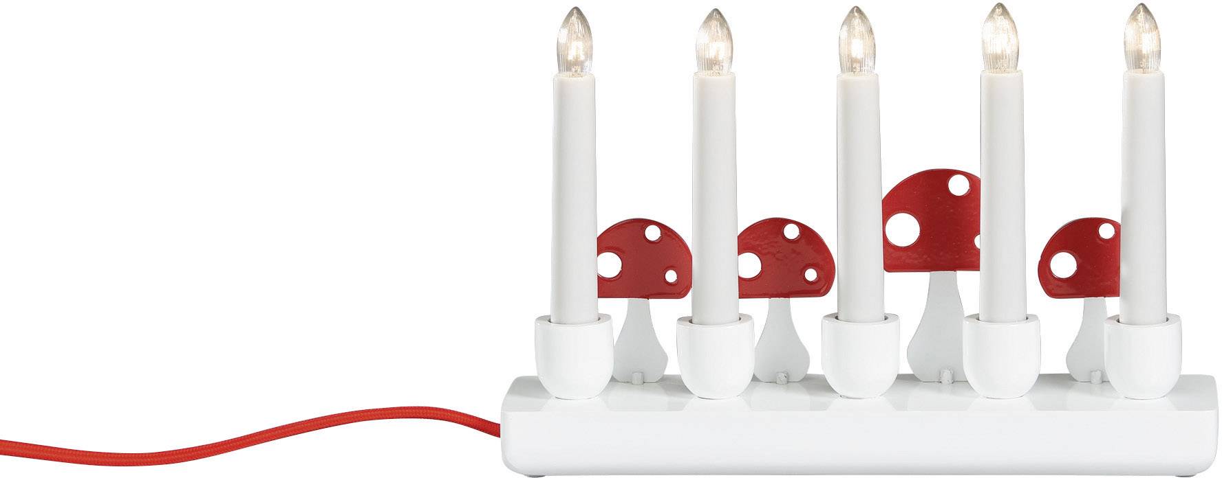 Electric candelabras with red and white mushroom decorations, plug attached.