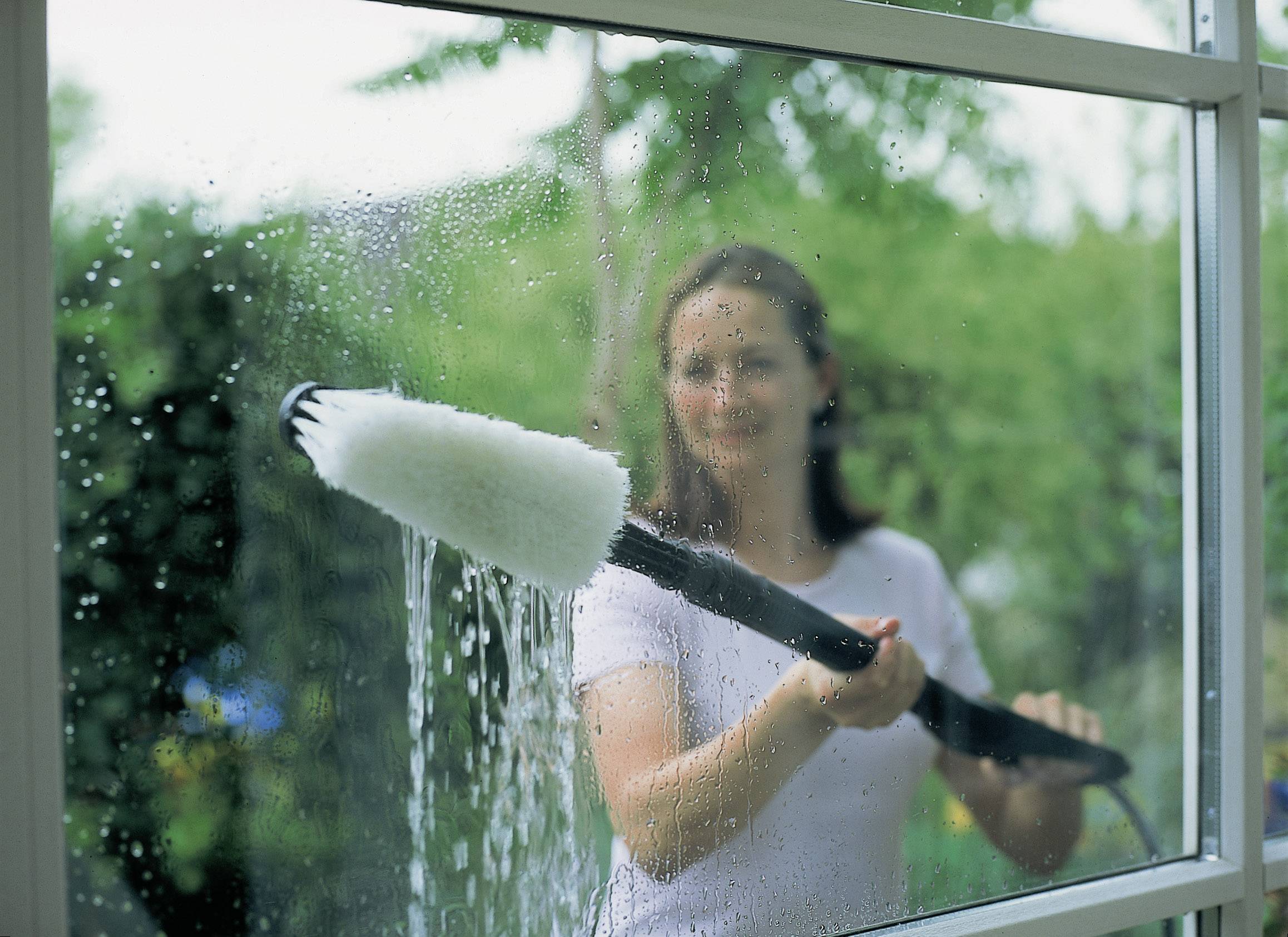 A person is cleaning a window with a long brush while standing outside. The background shows green vegetation.