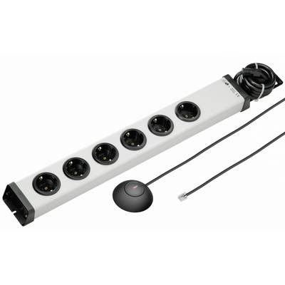Six-way socket strip with black cable, integrated surge protection and remote switch on white background.