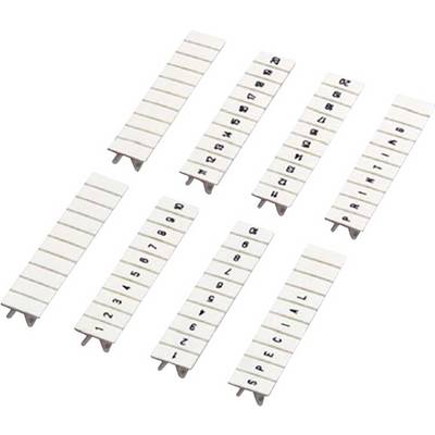 White plastic markers with black letters and numbers arranged in rows. Used for marking pipes or cables.