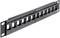 Black patch panel with 12 ports for network cable organisation. Suitable for mounting in a 19-inch rack.