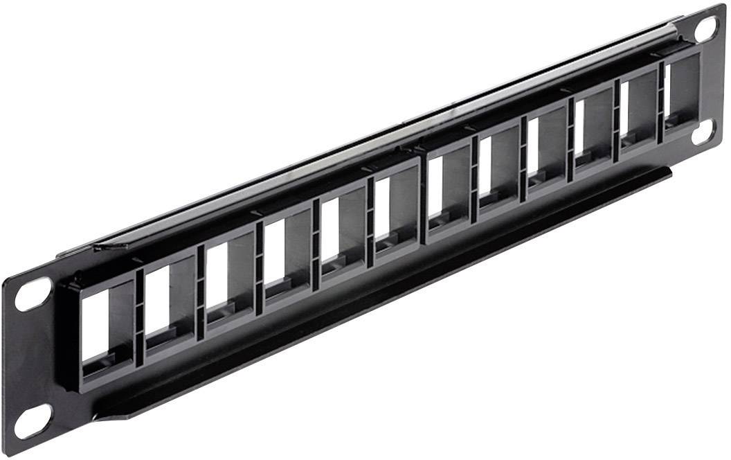 A black network cable patch panel with 12 ports for organising and managing cable connections in IT infrastructures.