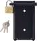 Black metal door hinge with padlock and keys; symbolises security and access control.
