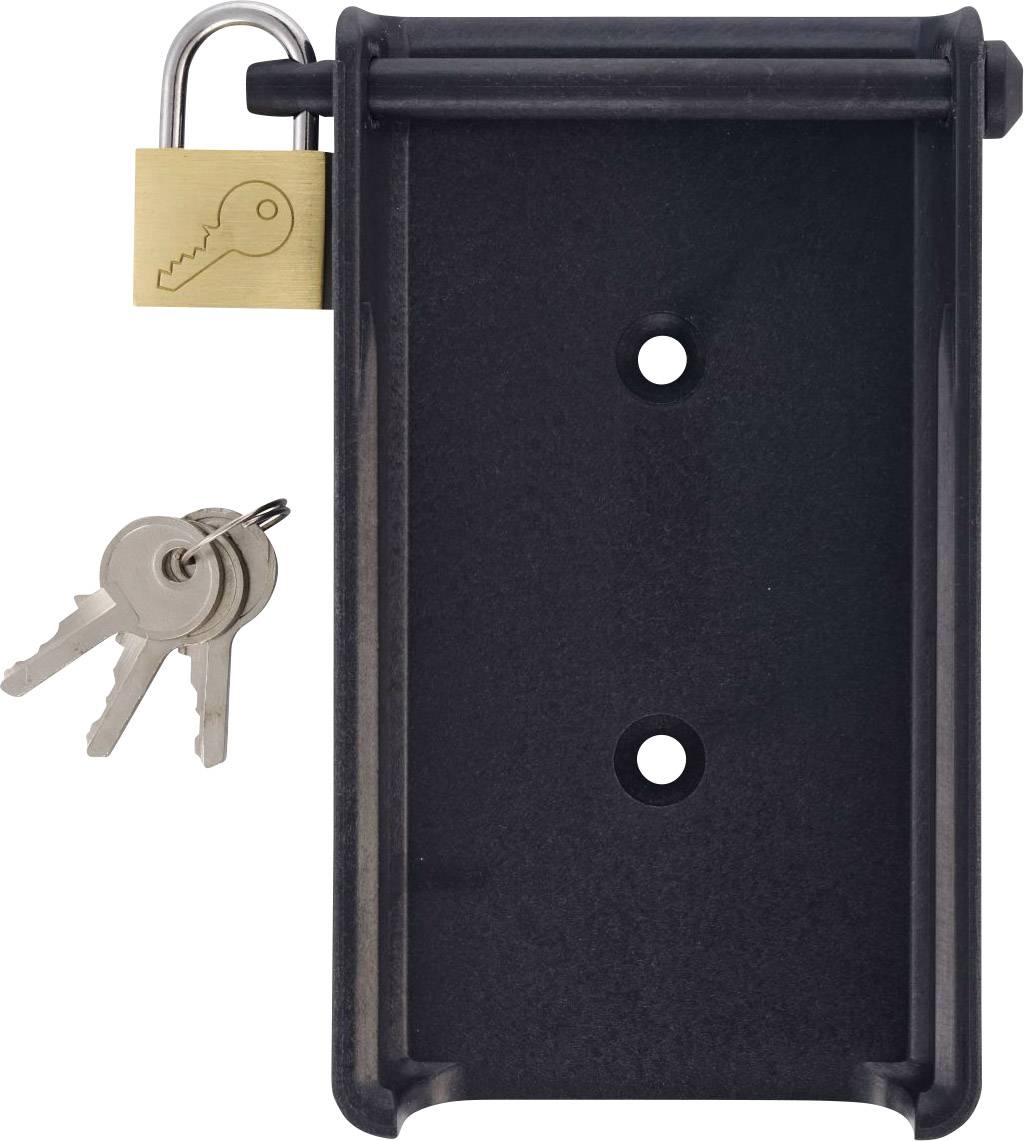 Black mounting bracket with padlock and two keys.