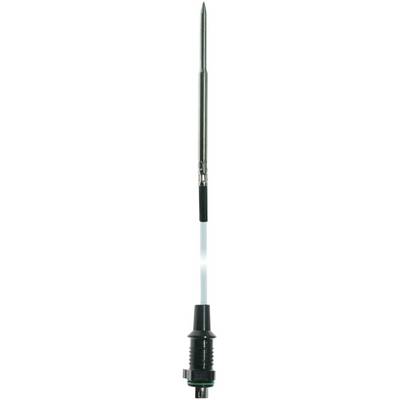 A metal skewer with a holder, used for grilling or cooking purposes. The skewer is made from shiny metal.