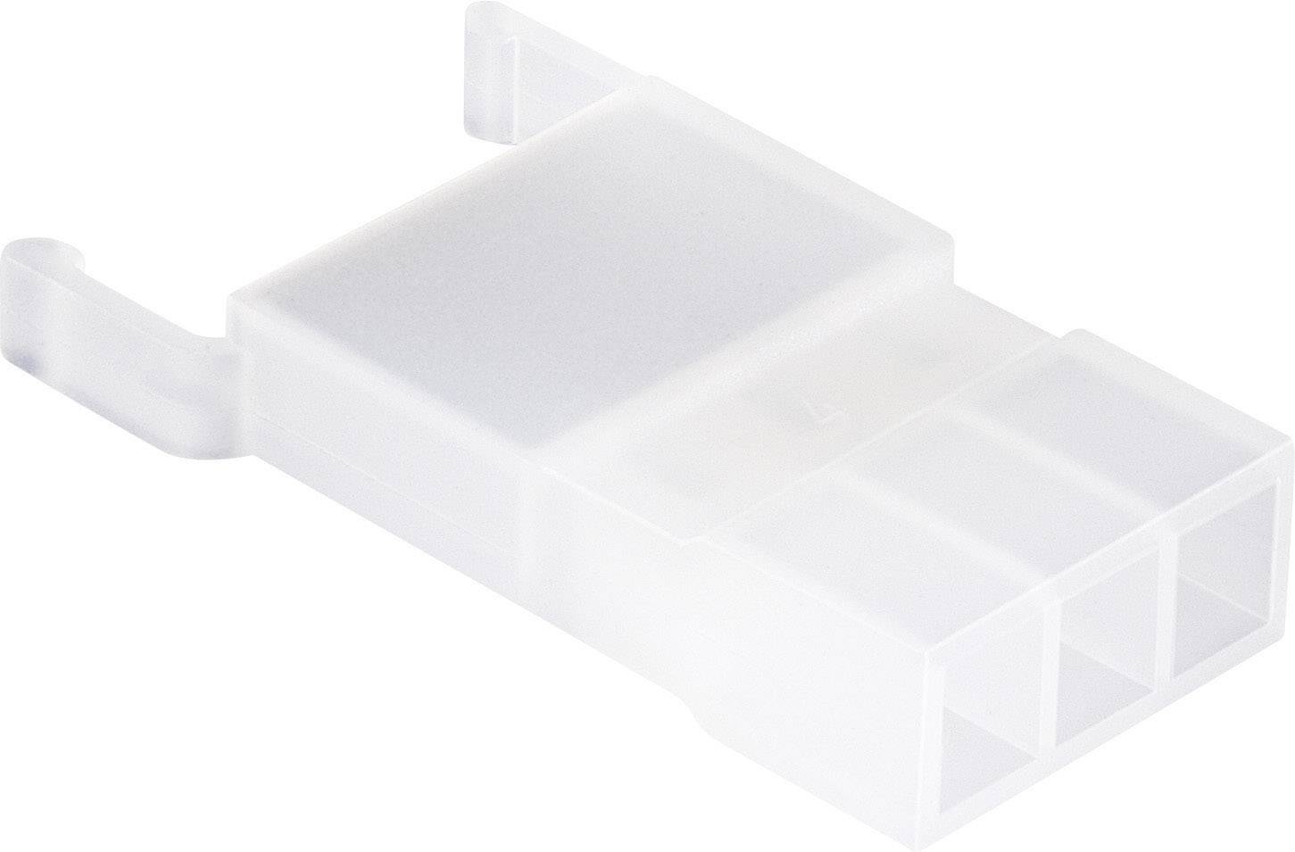 A white plastic plug with three rectangular terminals, used for electrical connections.
