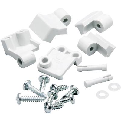 A set of white plastic brackets with accompanying screws and wall plugs, suitable for mounting small pieces of furniture.