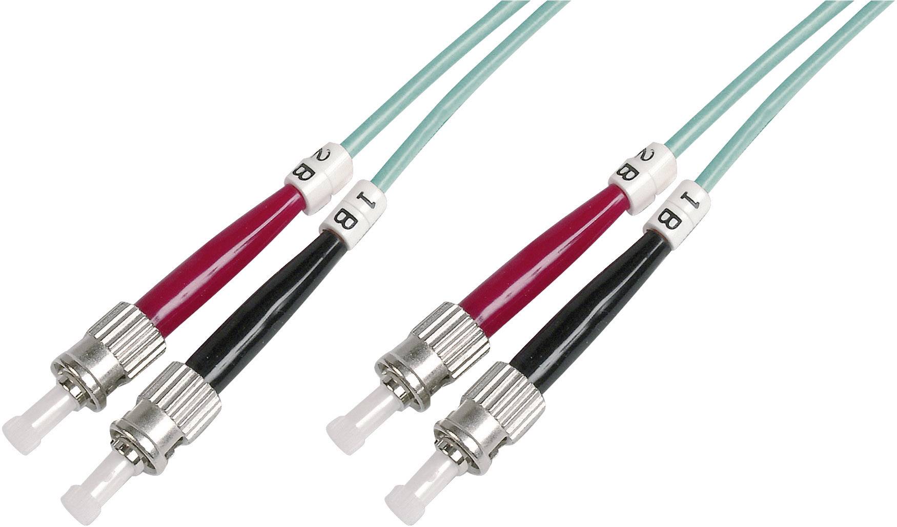Two fibre optic cables with ST connectors, one red and one black, lying side by side, each labelled '1' and '2'.