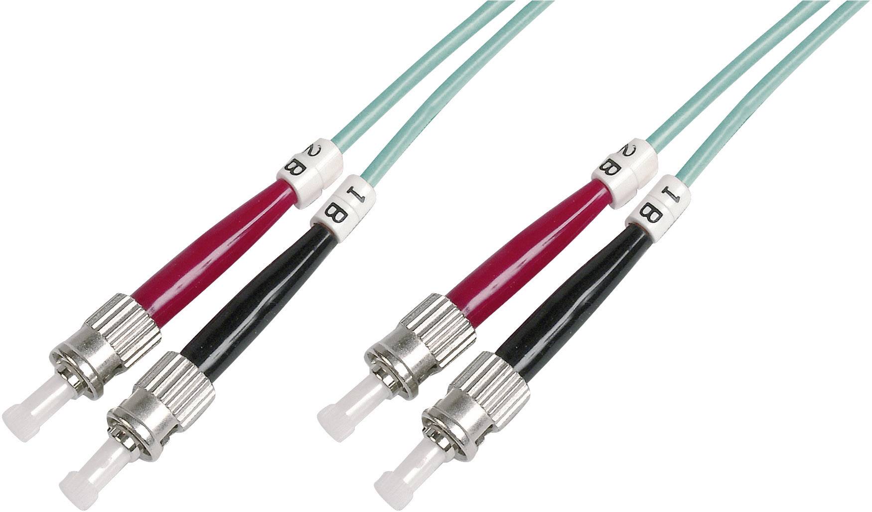 Two fibre optic cables with ST connectors, one red, the other black. Both pairs are identical and serve data transmission.