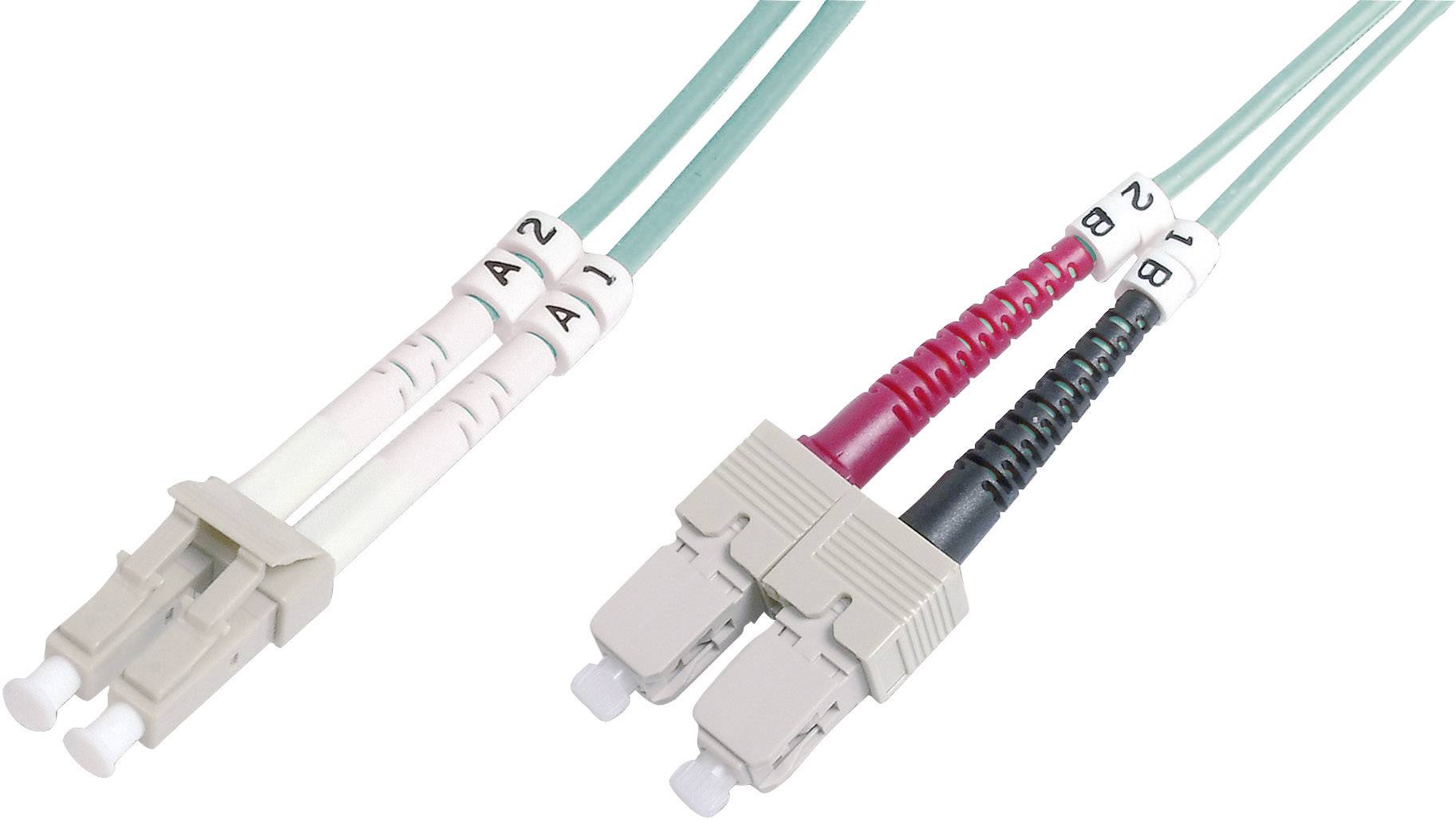 Two duplex fibre optic connectors in different colours for connecting optical glass fibre cables.