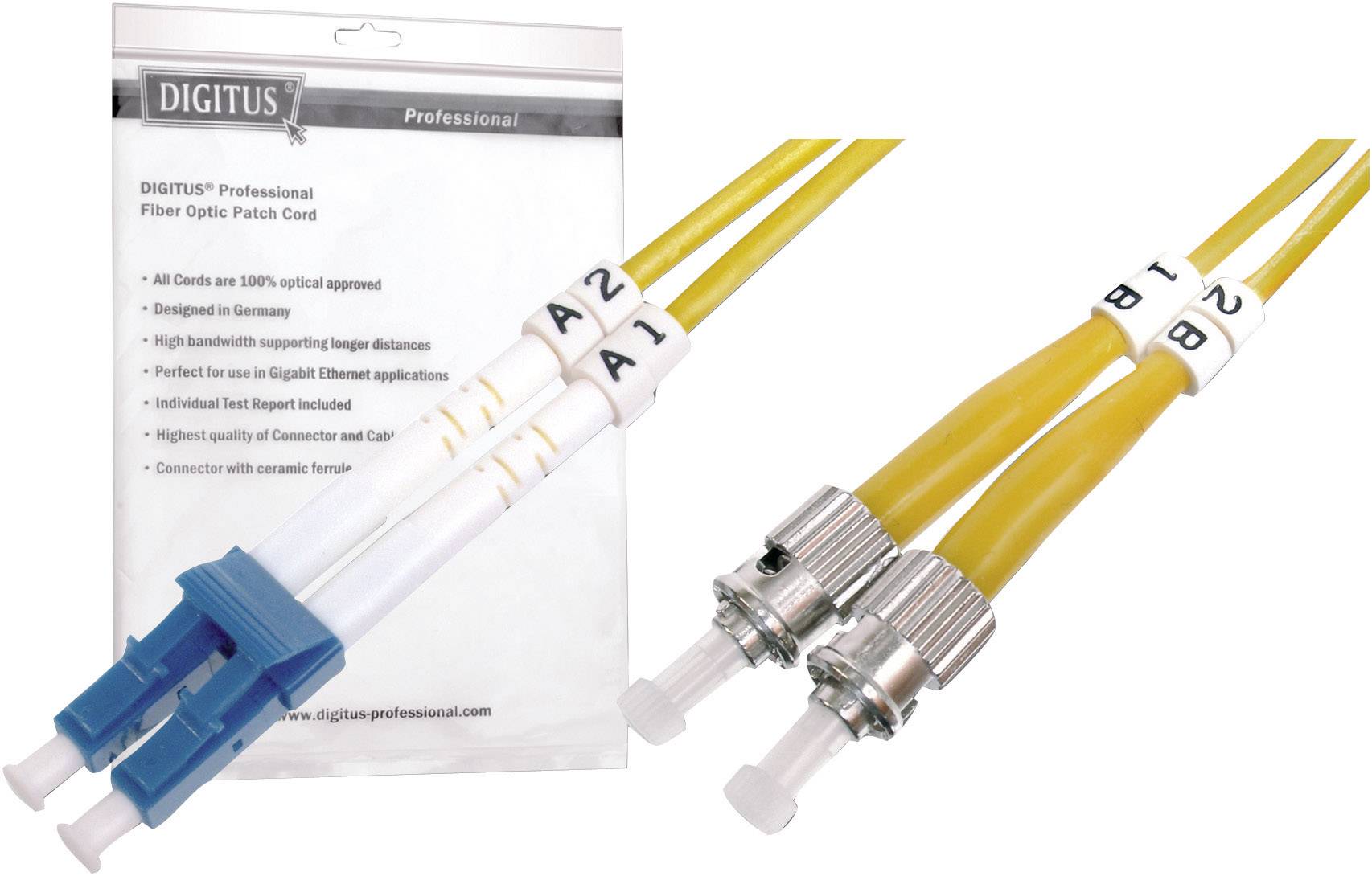 Two yellow fibre optic cables with blue and silver connectors are shown beside it. Packaging with text 'DIGITUS Professional Fibre Optic Patch Cords'.