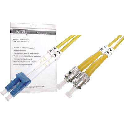 Two yellow fibre optic cables with blue and silver connectors are shown beside it. Packaging with text 'DIGITUS Professional Fibre Optic Patch Cords'.