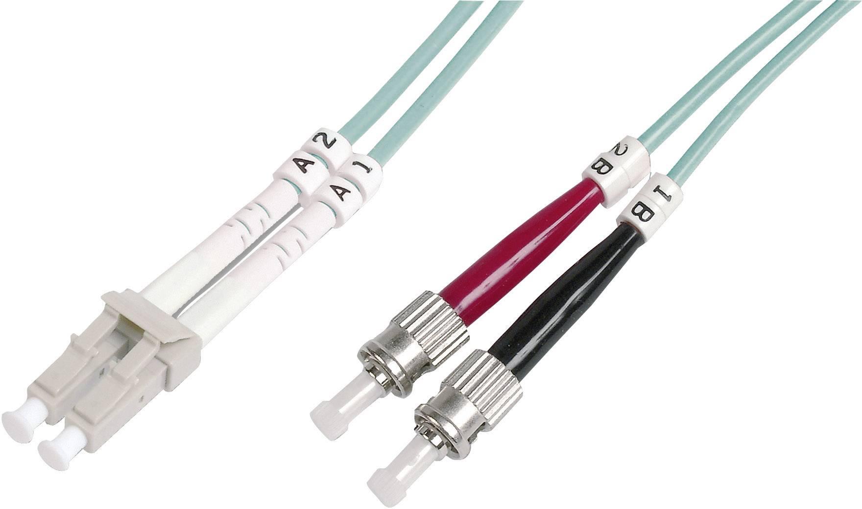 Two optical fibre cables with LC and ST connectors. The left cable is marked with connector unification numbers 1 and 2.